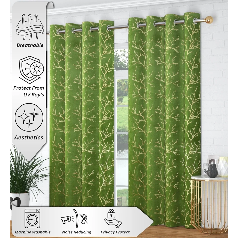 RADECOR Velvet 9ft Door & Window Curtain | Luxury Soft Fabric | Room Darkening | Noise Reducing | Machine Washable | Modern Home Décor/Green/Pack of 2