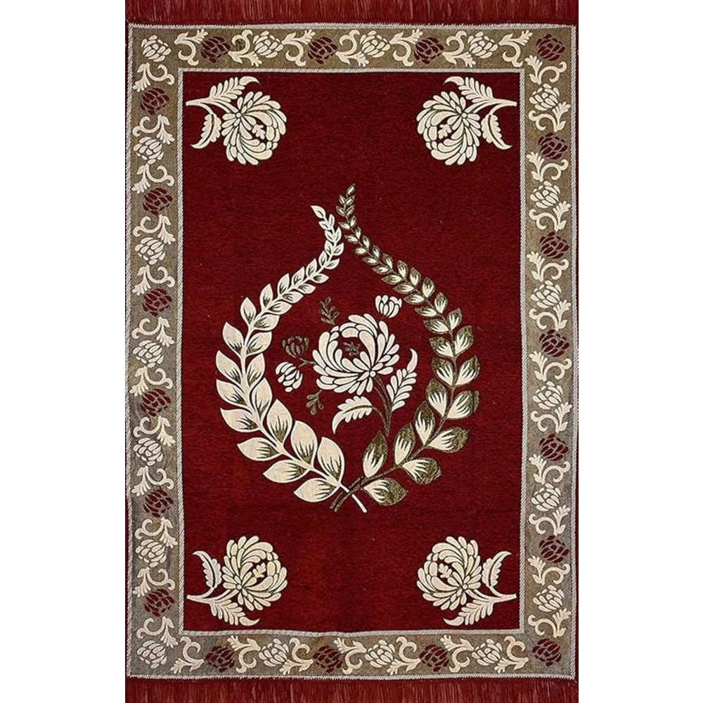 RADECOR Floral Design Sleek and Spacious Rectangular Chenille Carpet with Binding | Area Rug | Durries for Living Room, Bedroom |5X7 Feet (210 Cmx152 Cm) Maroon