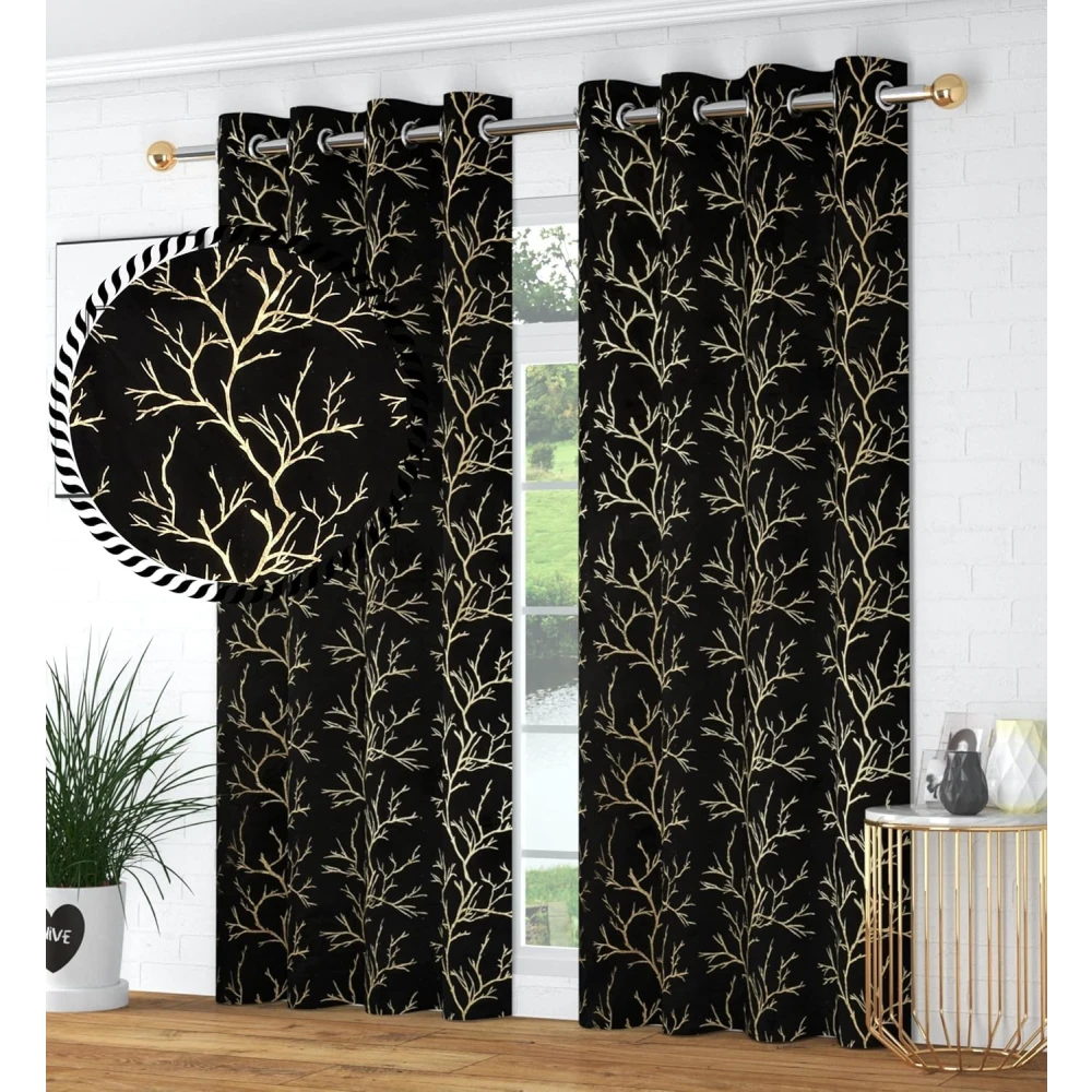 RADECOR Velvet 5ft Door & Window Curtain | Luxury Soft Fabric | Room Darkening | Noise Reducing | Machine Washable | Modern Home Décor/Black/Pack of 2
