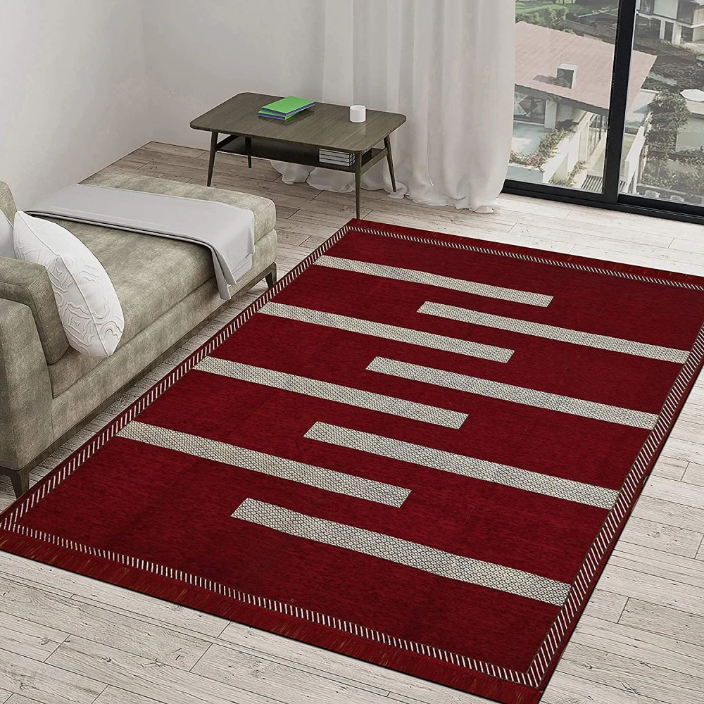 RADECOR Tile Design Rectangular Chenille Carpet Area Rug, Maroon, 5X7 Feet