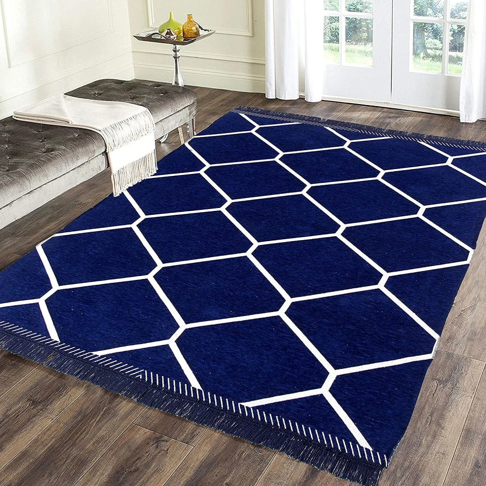 RADECOR Diamond Design Sleek and Spacious Rectangular Chenille Carpet with Binding | Area Rug | Durries for Living Room, Bedroom |5X7 Feet (210 Cmx152 Cm) Navy Blue