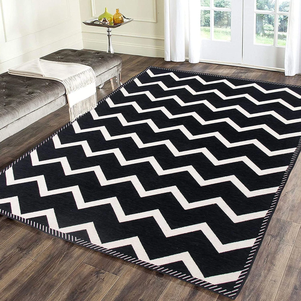 RADECOR Zig Zag Design Sleek and Spacious Rectangular Chenille Carpet with Binding | Area Rug | Durries for Living Room, Bedroom | 5X7 Feet (210 Cmx152 Cm) Black