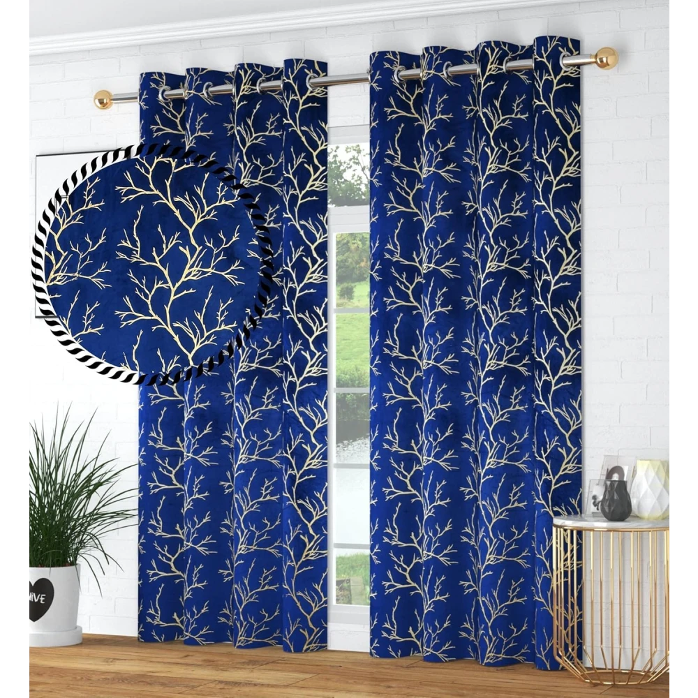 RADECOR Velvet 5ft Door & Window Curtain | Luxury Soft Fabric | Room Darkening | Noise Reducing | Machine Washable | Modern Home Décor/Navy Blue/Pack of 2