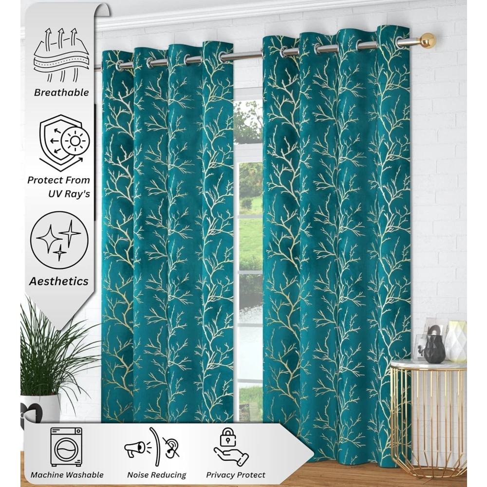 RADECOR Velvet 5ft Door & Window Curtain | Luxury Soft Fabric | Room Darkening | Noise Reducing | Machine Washable | Modern Home Décor/Aqua/Pack of 2