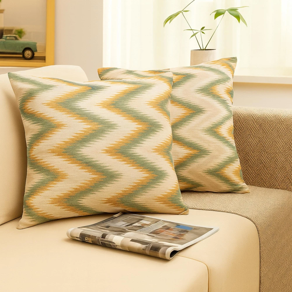 RADECOR Earth Tone Ikat Zigzag Pattern Cushion Cover Set of 2 | 16x16 Inche Square Covers | Premium Poly Spun Fabric | Hidden Zipper | Modern Decorative Cushion Covers for Sofa, Living Room & Bedroom