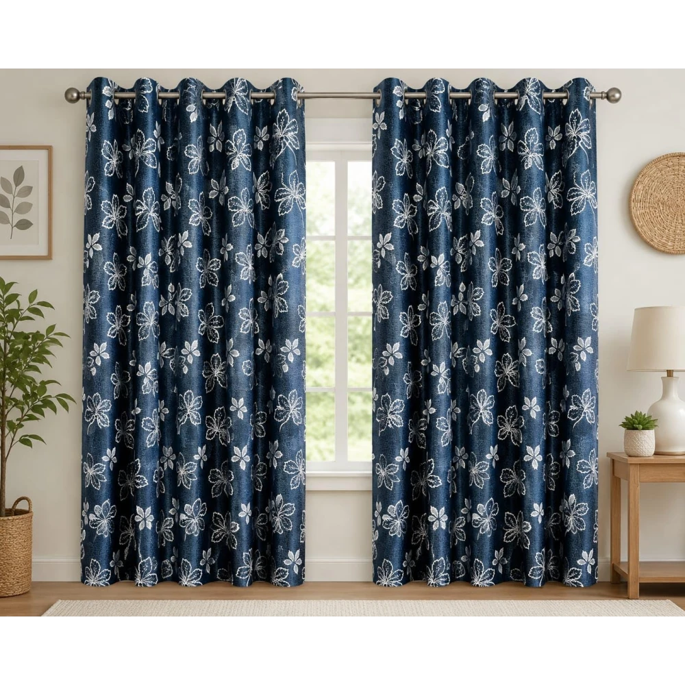 RADECOR Big Flower Printed 7ft Window Curtain for Living Room & Bedroom | Premium Polyester Eyelet Curtain | Room Darkening Decorative Curtain | Modern Floral Design/Blue/Pack of 2