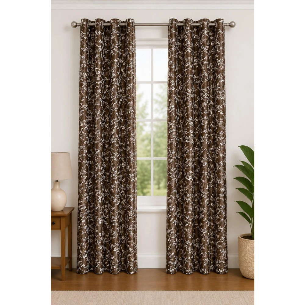 RADECOR Floral Print 9ft Window Curtain for Living Room & Bedroom | Premium Polyester Eyelet Curtain | Room Darkening Decorative Curtain Panel | Modern Home Décor/Brown/Pack of 2