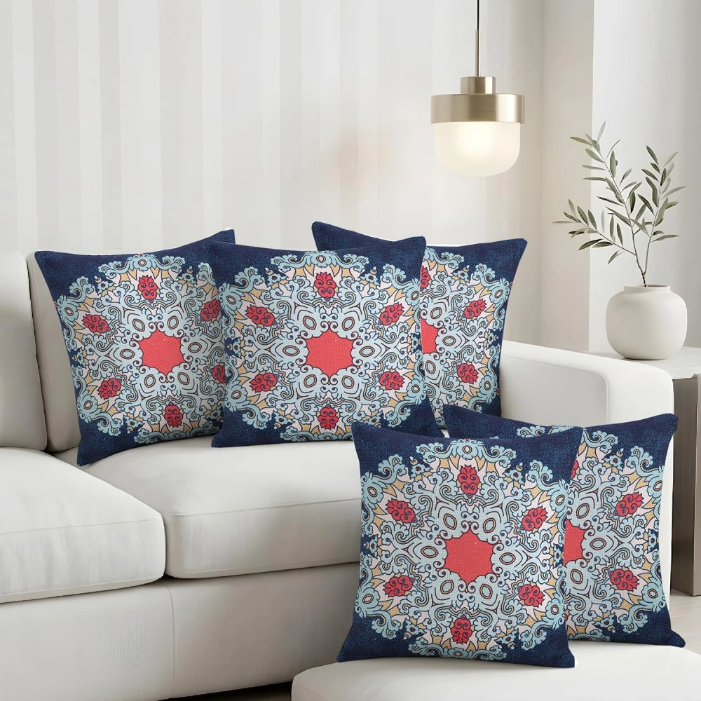 RADECOR Royal Mandala Cushion Cover Set of 5 | 16x16 Inches Square Covers | Premium Poly Spun Fabric | Hidden Zipper | Modern Decorative Cushion Covers for Sofa, Living Room & Bedroom