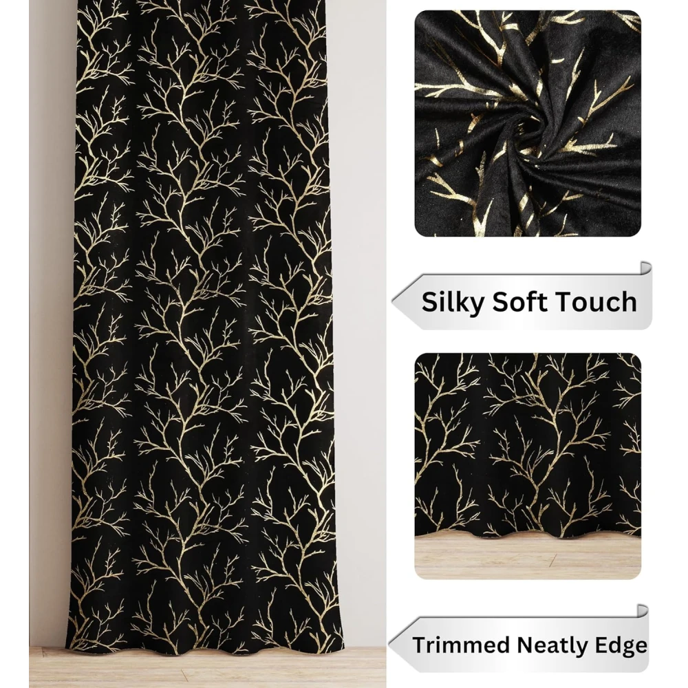 RADECOR Velvet 9ft Door & Window Curtain | Luxury Soft Fabric | Room Darkening | Noise Reducing | Machine Washable | Modern Home Décor/Black/Pack of 2