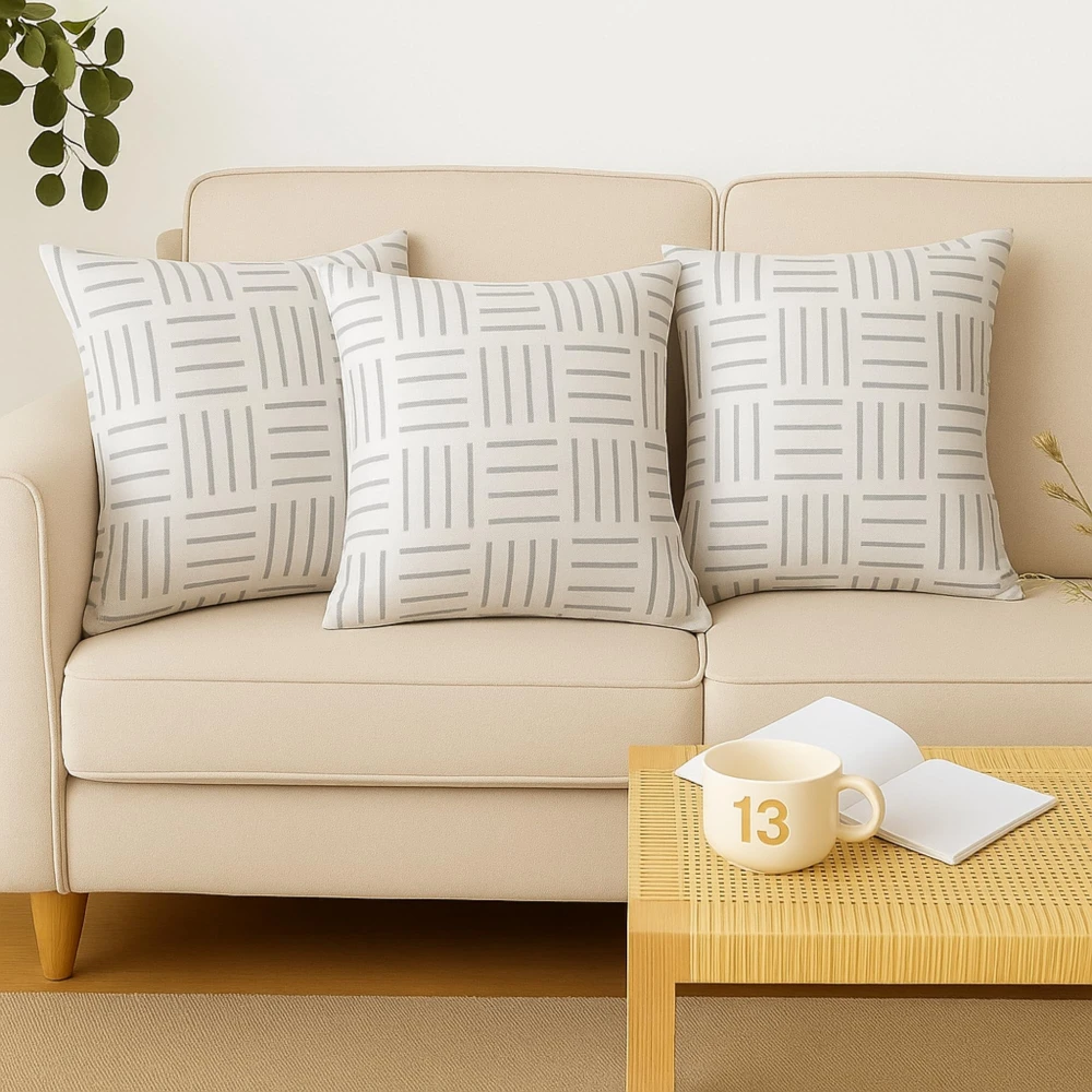 RADECOR Minimal Grid Line Cushion Cover Set of 3 | 16x16 Inches Square Covers | Premium Poly Spun Fabric | Hidden Zipper | Modern Decorative Cushion Covers for Sofa, Living Room & Bedroom
