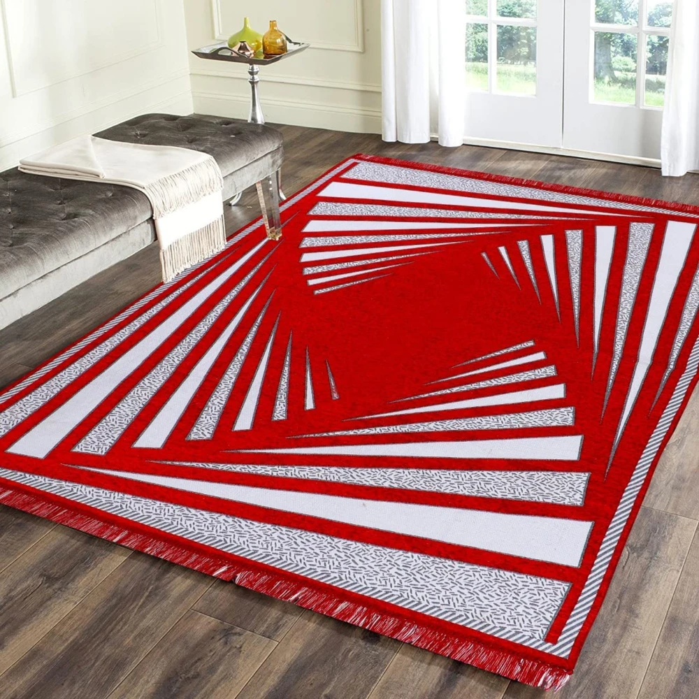 RADECOR Premium Exclusive Chenille Living Room Carpet with Binding, Area Rug, Durries Sleek and Spacious Rectangular | 5X7 Feet (210 Cmx152 Cm) (Red)