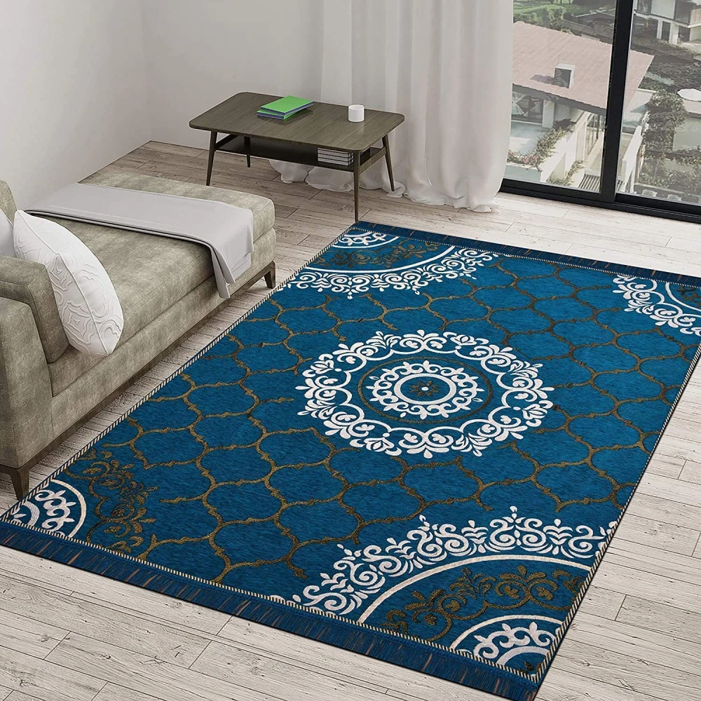 RADECOR World Premium Sleek and Spacious Rectangular Chennille Living Room Carpet with Binding, Area Rug, Durries II (5X7 Feet) (213 Cmx152 Cm) (Firozi)