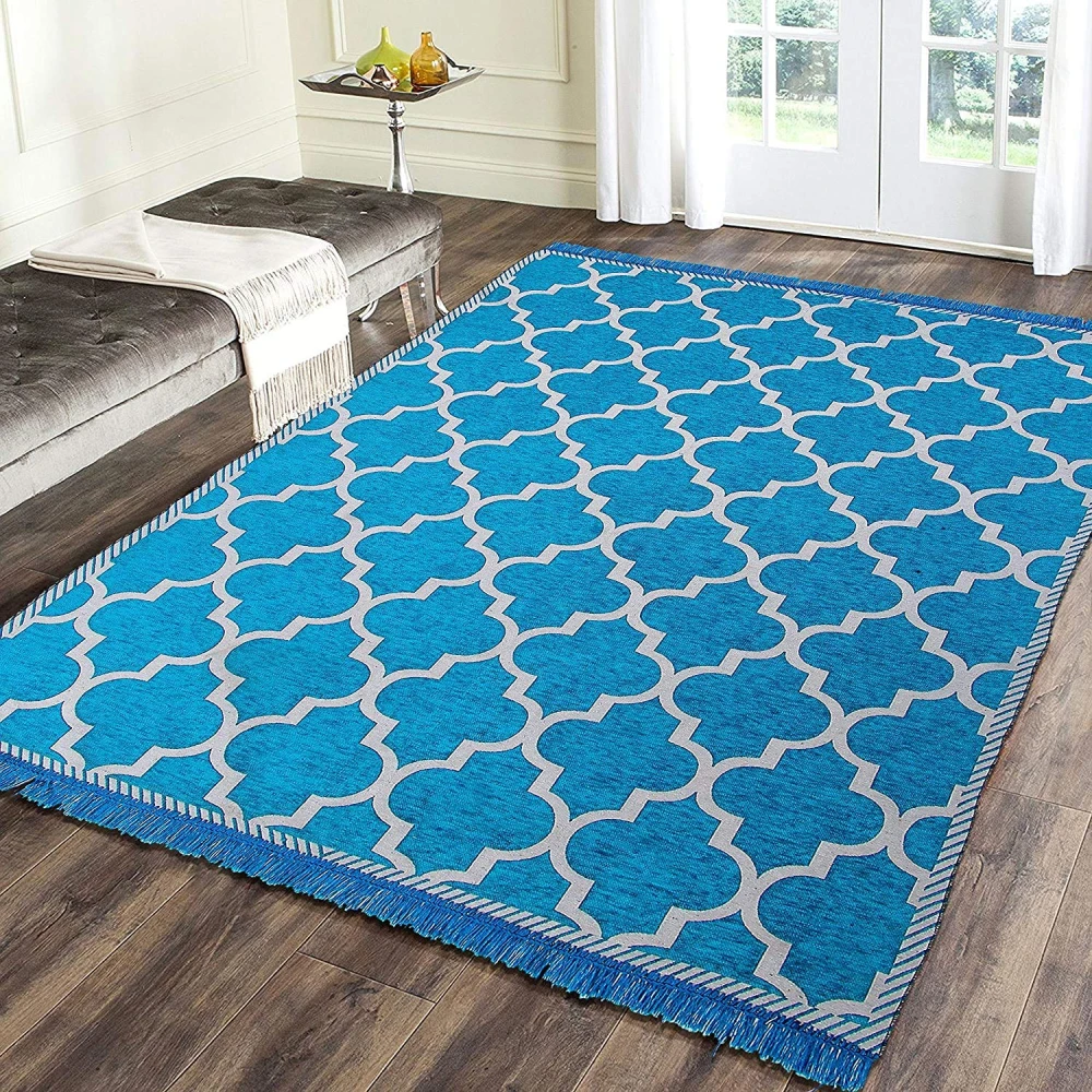 RADECOR Geometric Design Sleek and Spacious Rectangular Chenille Carpet with Binding | Area Rug | Durries for Living Room, Bedroom |5X7 Feet (210 Cmx152 Cm) Aqua