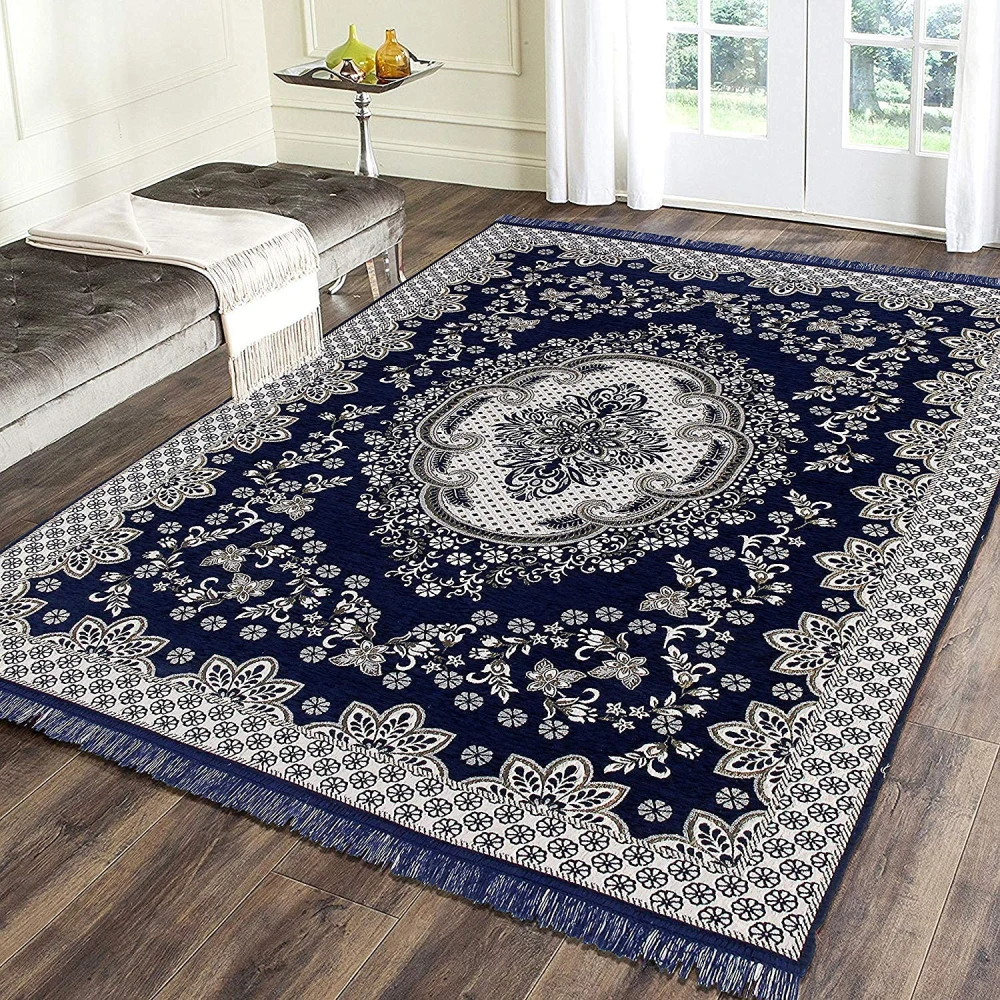 RADECOR World 6D Ethnic Premium Living Room Carpet with Bindings, Area Rug, Sleek and Spacious Rectangular (5X7, Maroon, Chenille, Pack of 1) (210 Cmx152 Cm) (Navy)