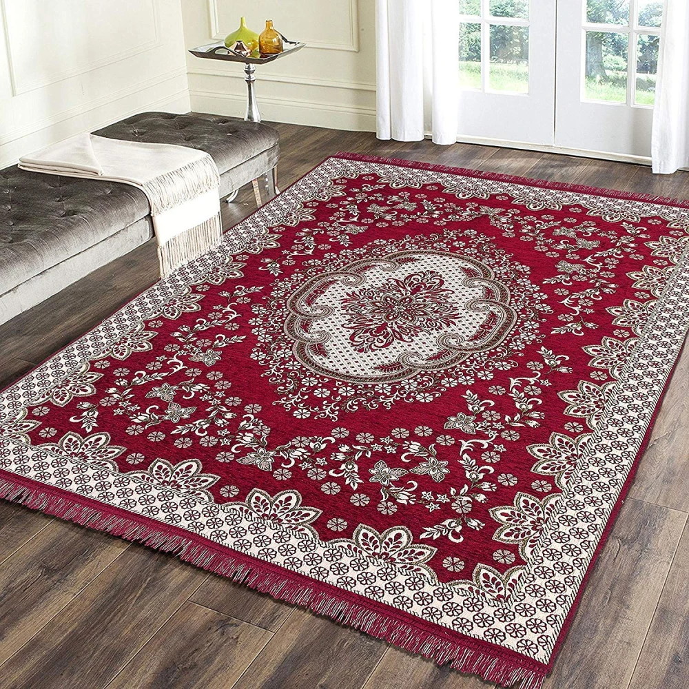 RADECOR World 6D Ethnic Premium Living Room Carpet with Bindings, Area Rug, Sleek and Spacious Rectangular (5X7, Maroon, Chenille, Pack of 1) (210 Cmx152 Cm) (Maroon)