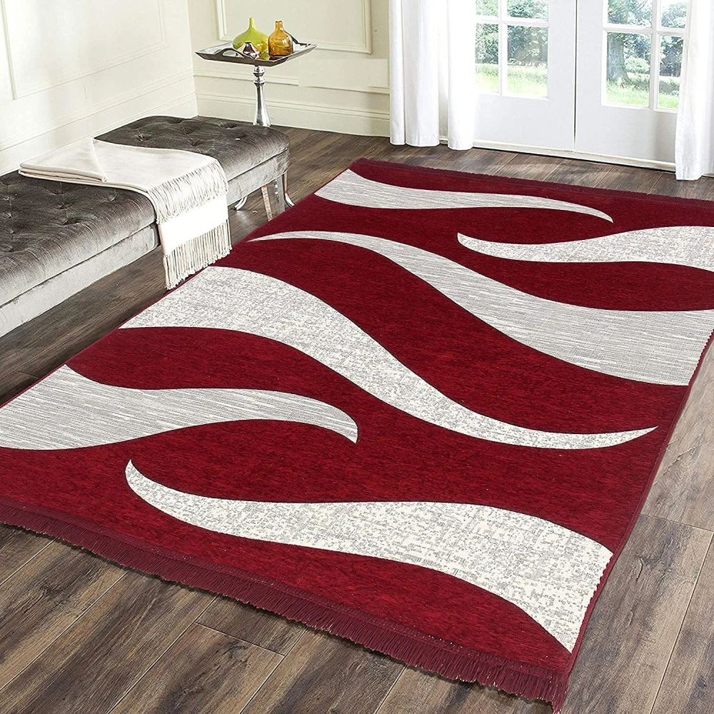 RADECOR Wave Design Rectangular Chenille Carpet, Maroon, 5X7 Feet