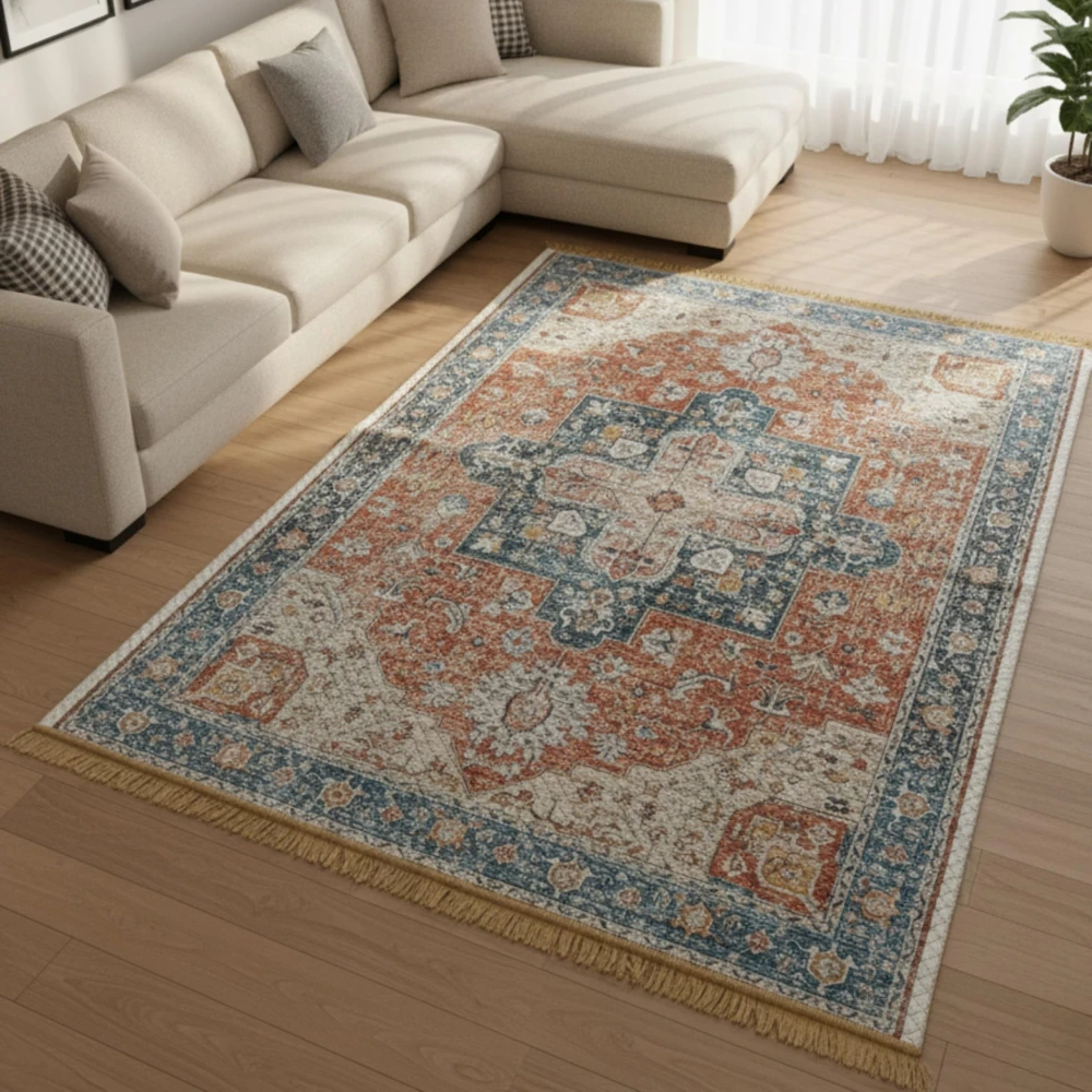 RADECOR Vintage Oriental Polyster Printed Carpet | Soft Polyester Area Rug with Faded Antique Medallion Design | Traditional Symmetrical Floor Mat for Living Room & Bedroom