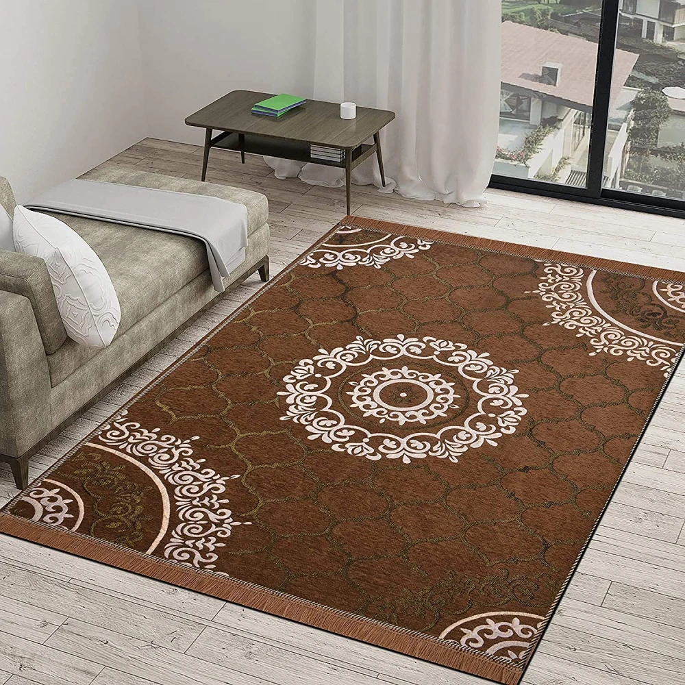RADECOR World Premium Sleek and Spacious Rectangular Chennille Living Room Carpet with Binding, Area Rug, Durries II (5X7 Feet) (213 Cmx152 Cm) (Mouse)