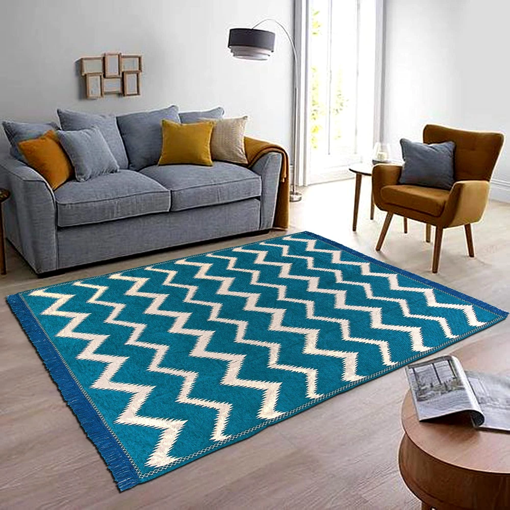RADECOR Zig Zag Design Sleek and Spacious Rectangular Chenille Carpet with Binding | Area Rug | Durries for Living Room, Bedroom | 5X7 Feet (210 Cmx152 Cm) Blue