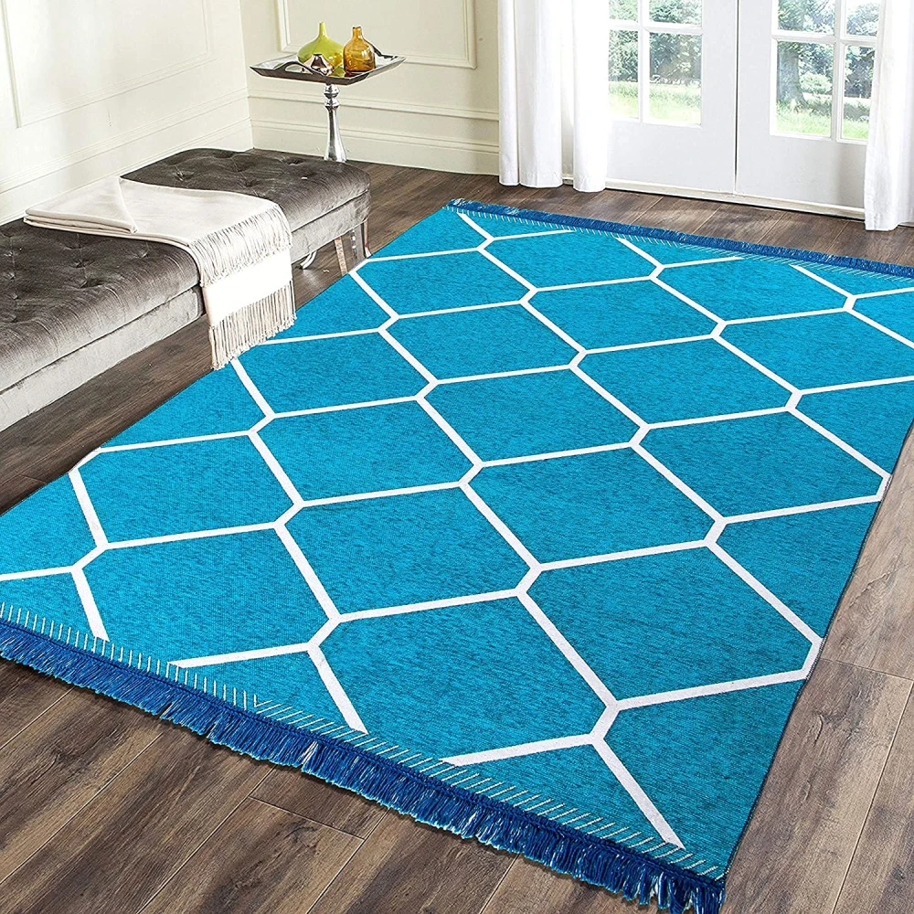 RADECOR Diamond Design Sleek and Spacious Rectangular Chenille Carpet with Binding | Area Rug | Durries for Living Room, Bedroom |5X7 Feet (210 Cmx152 Cm) Aqua