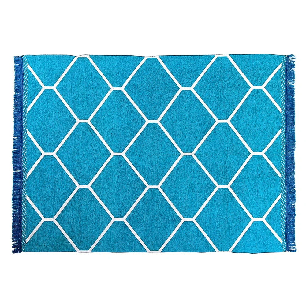 RADECOR Diamond Design Sleek and Spacious Rectangular Chenille Carpet with Binding | Area Rug | Durries for Living Room, Bedroom |5X7 Feet (210 Cmx152 Cm) Aqua