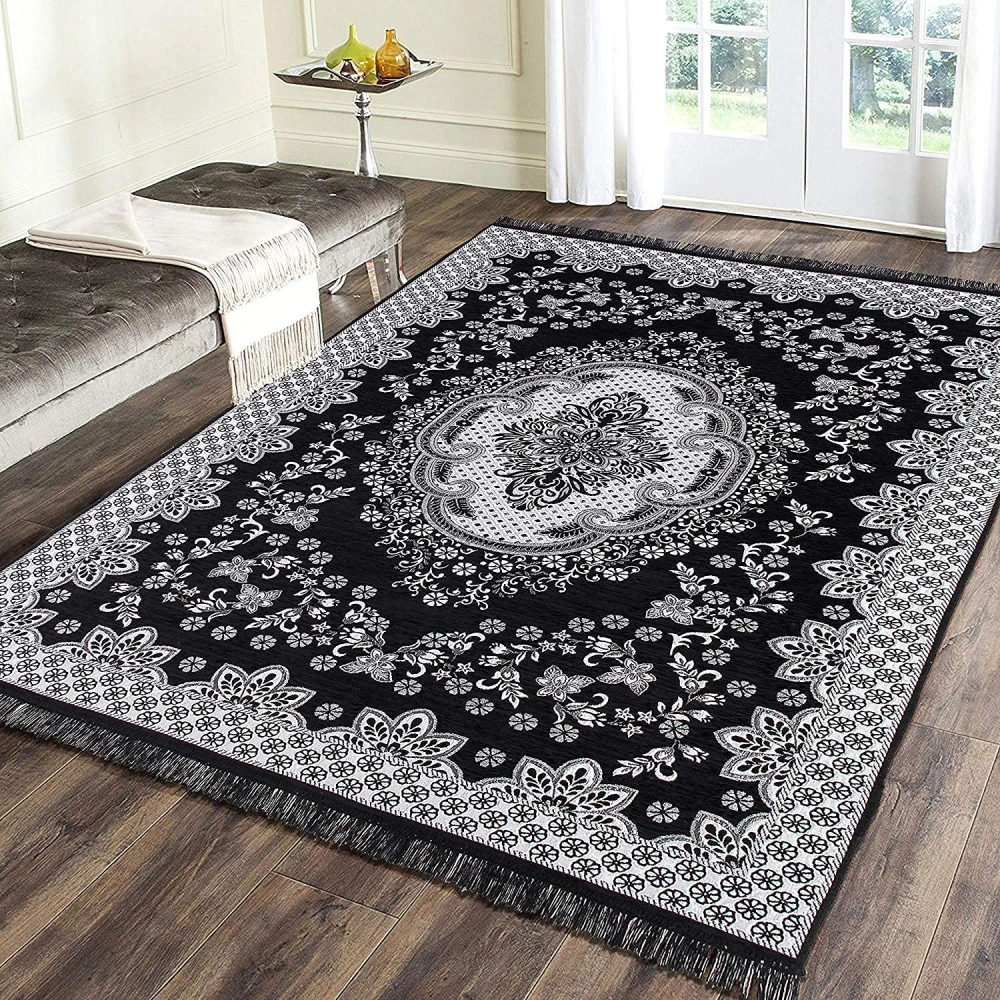 RADECOR World 6D Ethnic Premium Living Room Carpet with Bindings, Area Rug, Sleek and Spacious Rectangular (5X7, Maroon, Chenille, Pack of 1) (210 Cmx152 Cm) (Black)