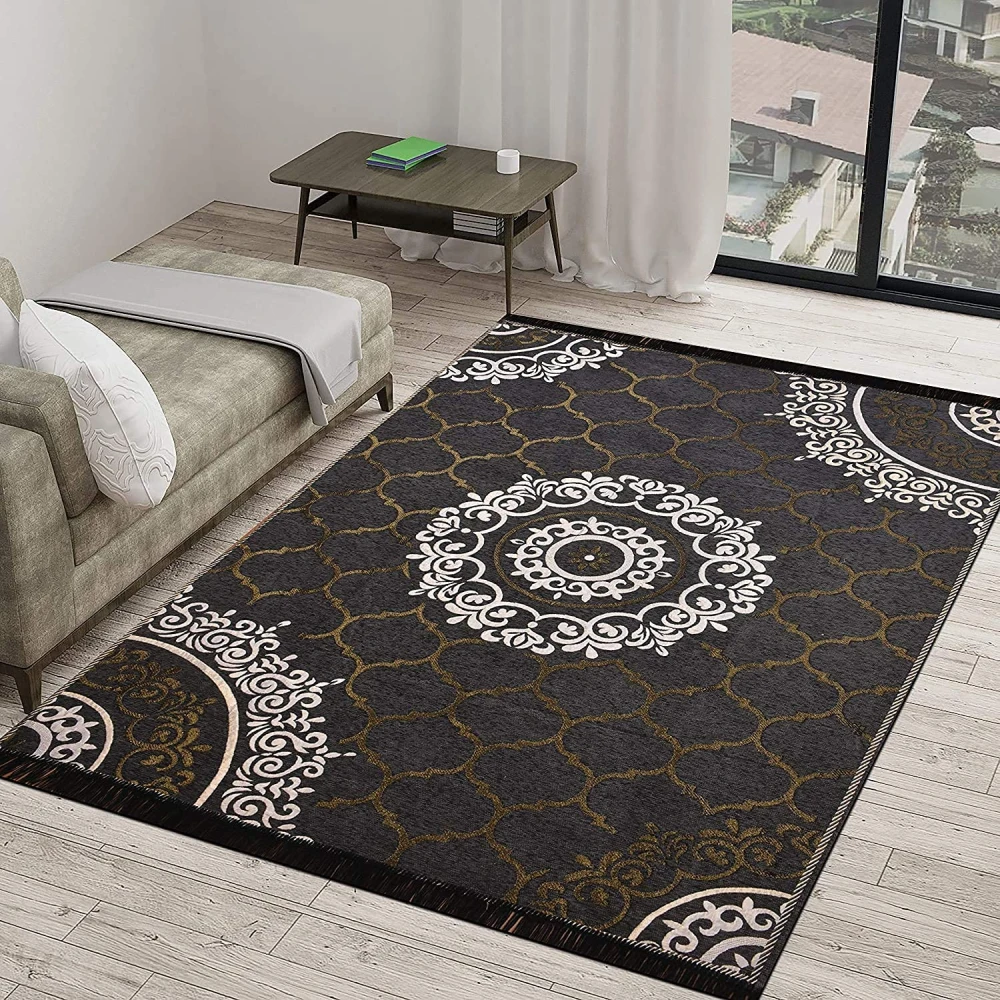 RADECOR World Premium Sleek and Spacious Rectangular Chennille Living Room Carpet with Binding, Area Rug, Durries II (5X7 Feet) (213 Cmx152 Cm) (Grey)