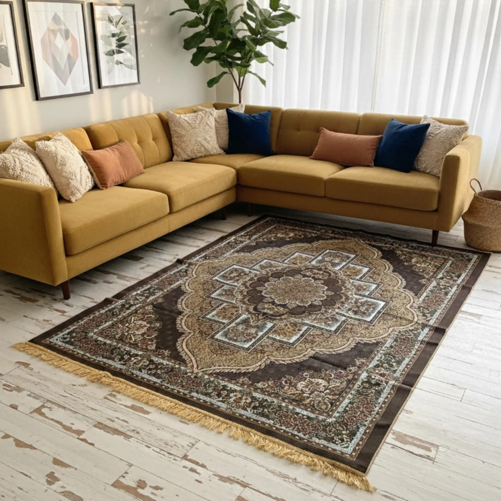 RADECOR Step Medallion Luxury Printed Carpet | Soft Polyester Area Rug with Symmetrical Geometric Pattern | Vintage Style Floor Mat for Living Room, Bedroom & Office