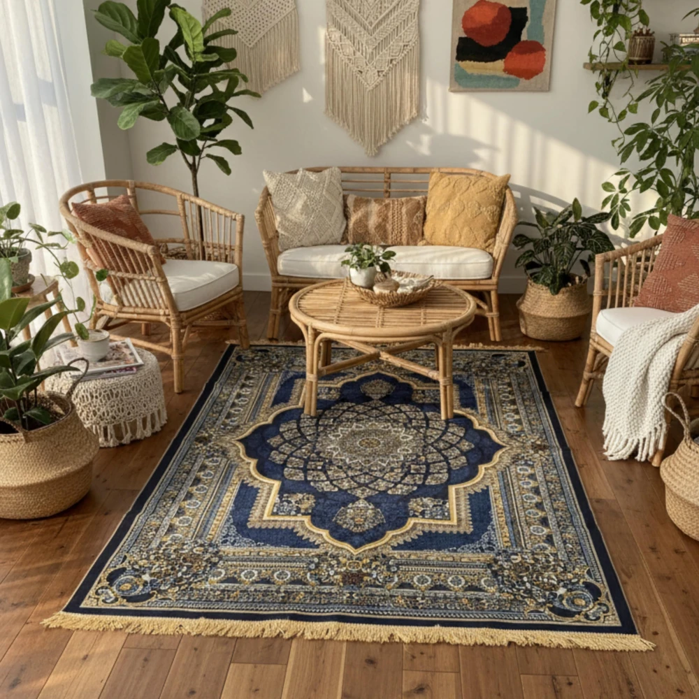 RADECOR Azure Royale Printed Carpet | Royal Mandala Medallion Design Polyester Area Rug | Elegant Decorative Floor Carpet for Living Room, Bedroom & Prayer Room