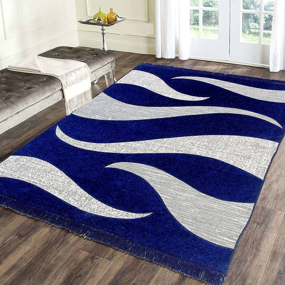 RADECOR Wave Design Sleek and Spacious Rectangular Chenille Carpet with Binding | Area Rug | Durries for Living Room, Bedroom | 5X7 Feet (210 Cmx152 Cm) Blue
