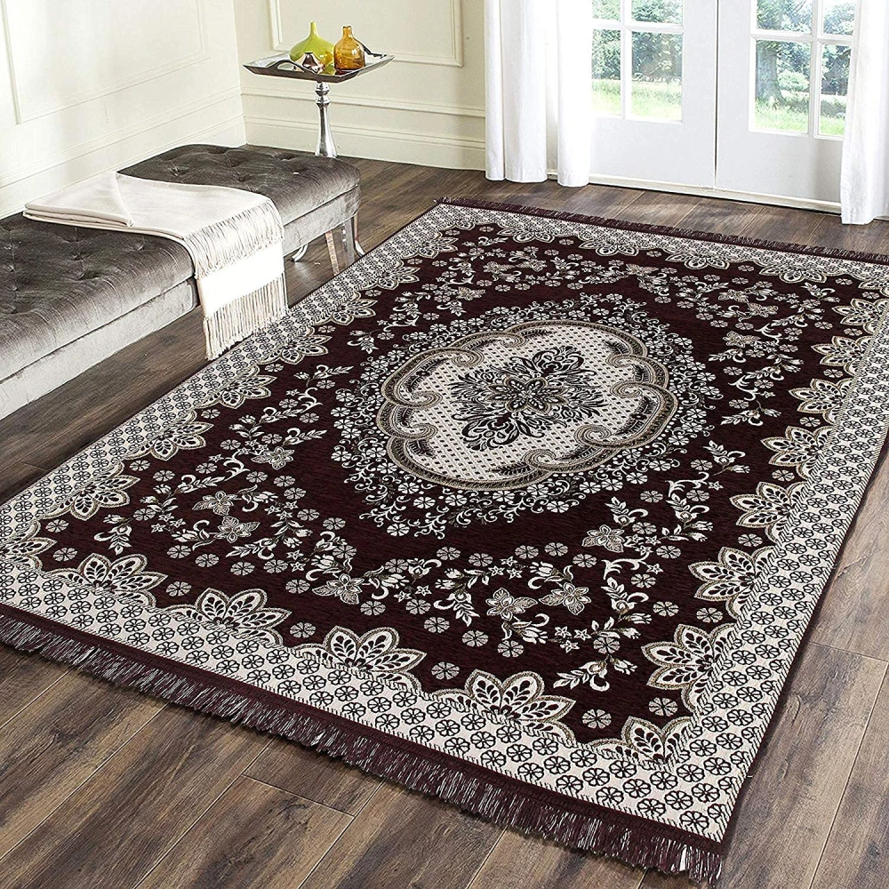 RADECOR World 6D Ethnic Premium Living Room Carpet with Bindings, Area Rug, Sleek and Spacious Rectangular (5X7, Maroon, Chenille, Pack of 1) (210 Cmx152 Cm) (Brown)