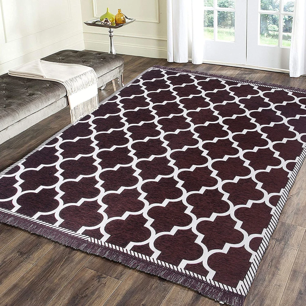 RADECOR Geometric Design Sleek and Spacious Rectangular Chenille Carpet with Binding | Area Rug | Durries for Living Room, Bedroom |5X7 Feet (210 Cmx152 Cm) Brown