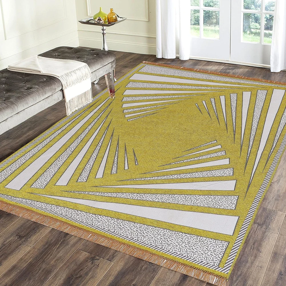 RADECOR Premium Exclusive Chenille Living Room Carpet with Binding, Area Rug, Durries Sleek and Spacious Rectangular | 5X7 Feet (210 Cmx152 Cm) (Cyber Yellow)