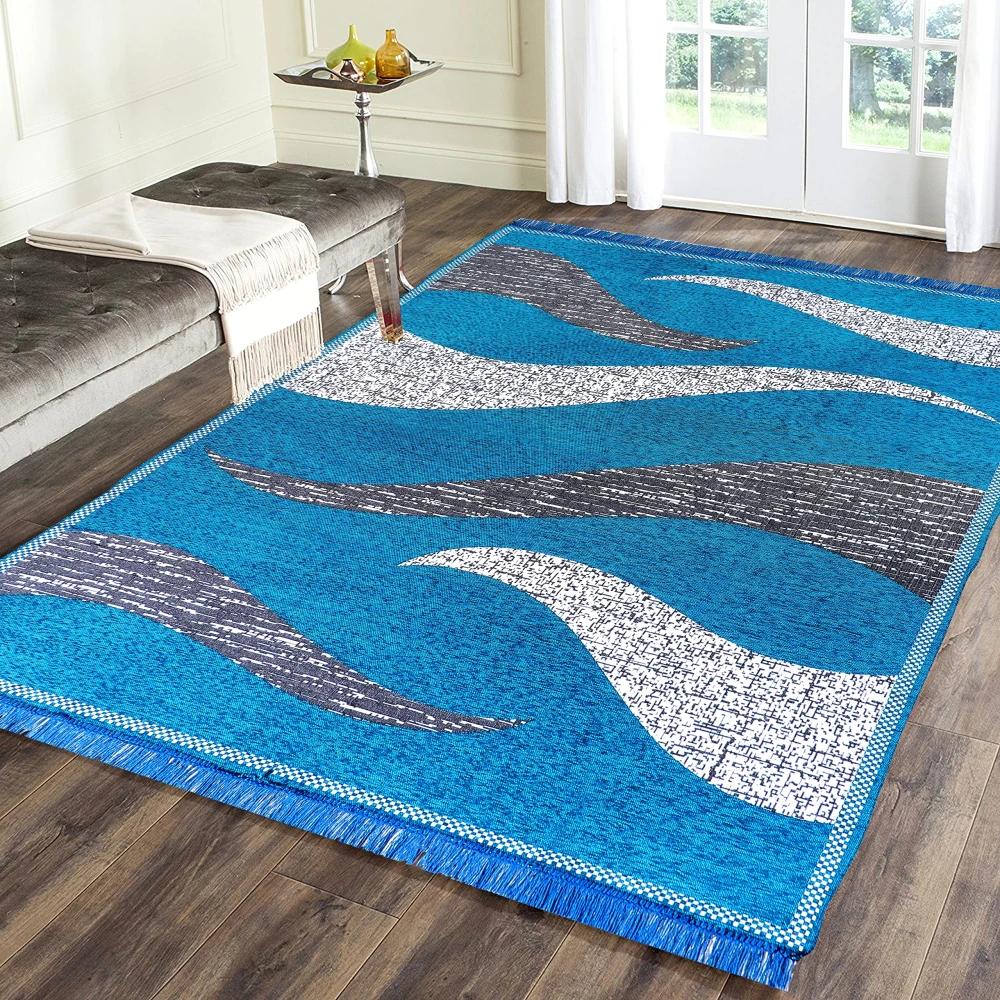 RADECOR Wave Design Sleek and Spacious Rectangular Chenille Carpet with Binding | Area Rug | Durries for Living Room, Bedroom |5X7 Feet (210 Cmx152 Cm) Firozi