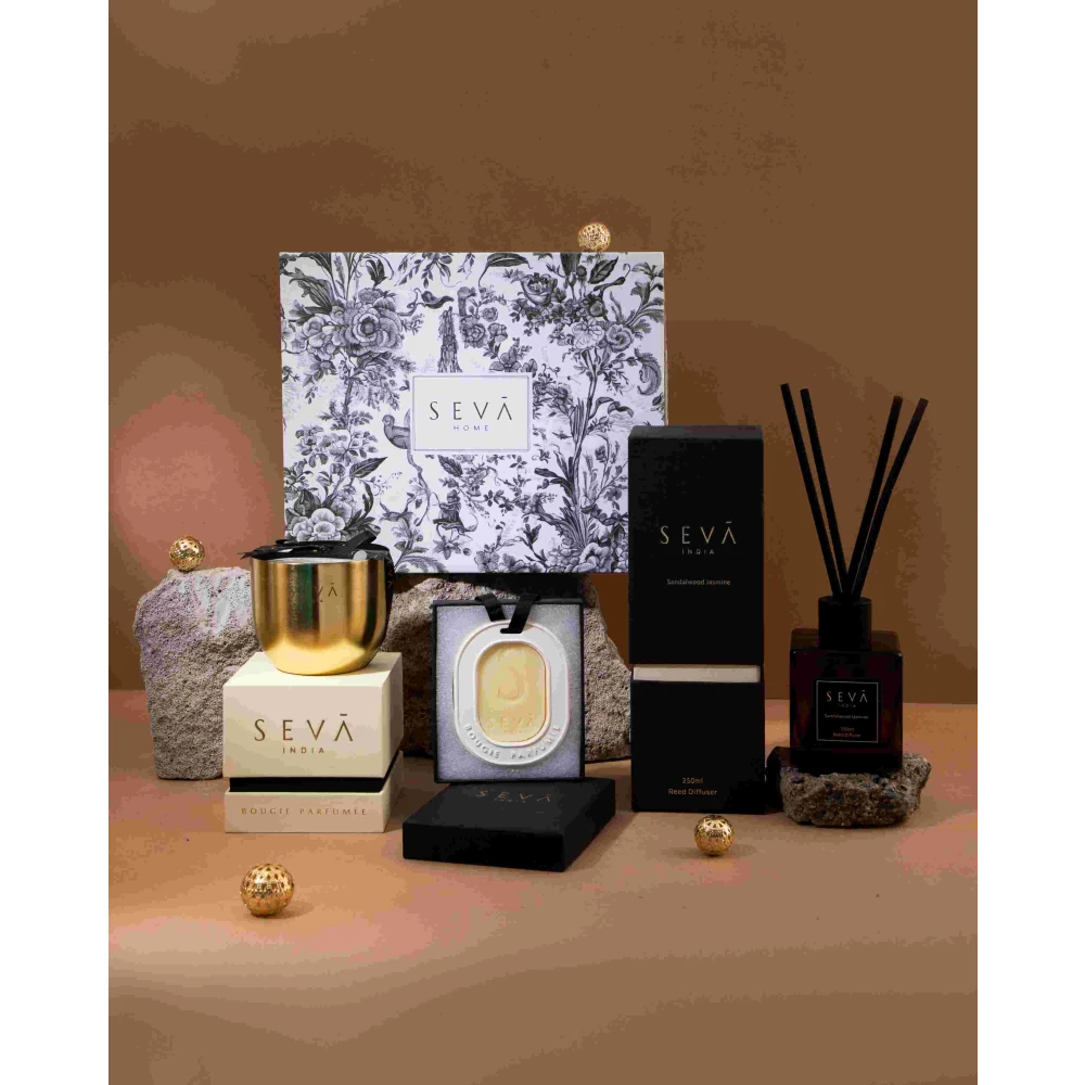 Festive Grande Gift Hamper – Black Edition | Luxury Set with Reed Diffuser, Classic Gold Candle & Closet Freshener | Seva Home