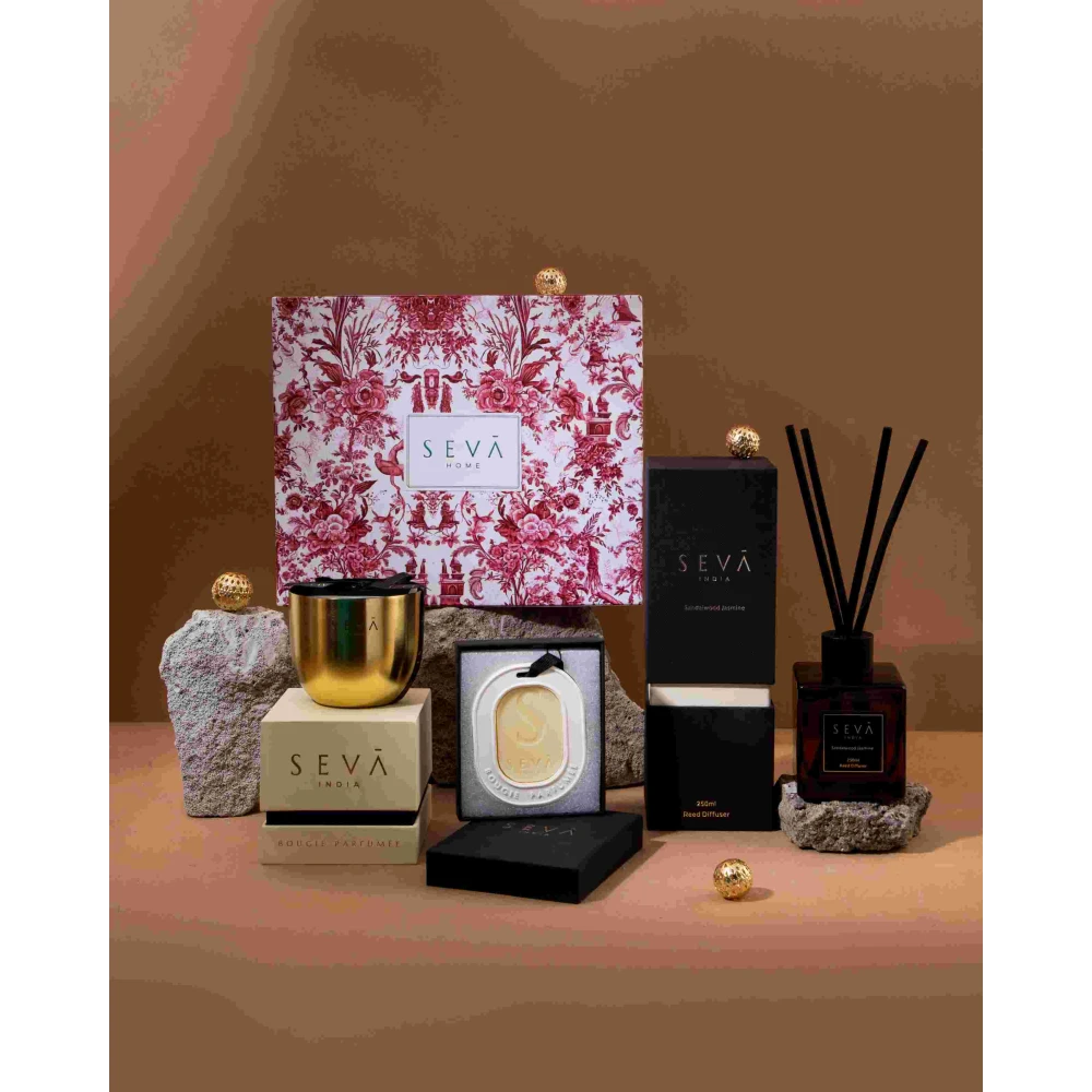 Festive Grande Gift Hamper – Red Edition | Luxury Set with Reed Diffuser, Classic Gold Candle & Closet Freshener | Seva Home